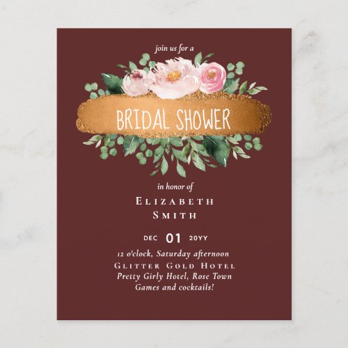 Budget Bridal Shower Burgundy Floral Gold Modern Flyer