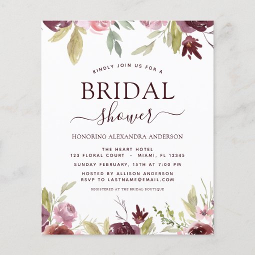 Budget Bridal Shower Burgundy Spring Invitations | Zazzle