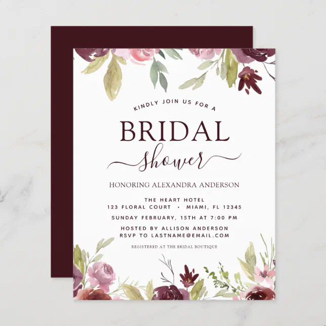 Budget Bridal Shower Burgundy Spring Invitations | Zazzle