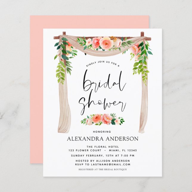 Budget Bridal Shower Coral Peach Floral Invitation (Front/Back)
