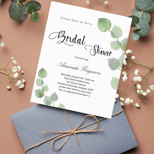 Budget Bridal Shower eucalyptus script invitation