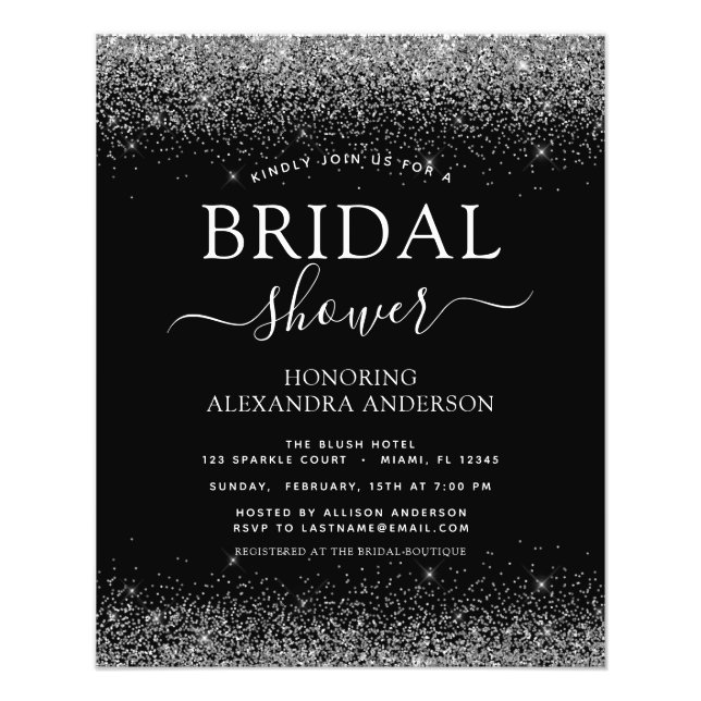 Budget Bridal Shower Glitter Black Silver Flyer (Front)