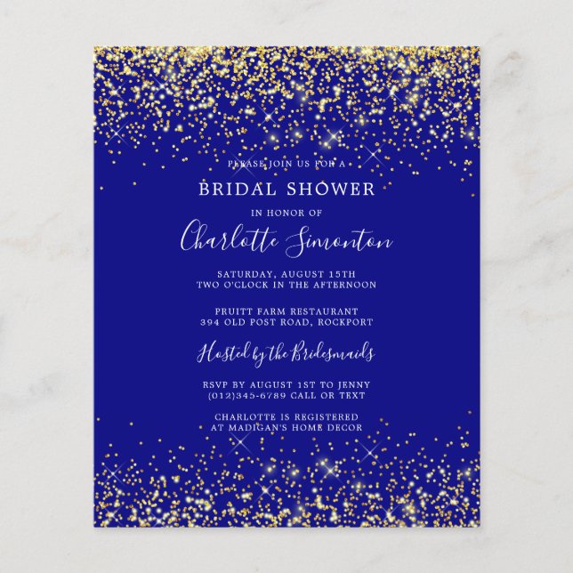 Budget Bridal Shower Glitter Blue Gold Invitation (Front)
