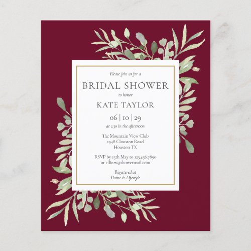 Budget Bridal Shower Greenery Burgundy Invitation