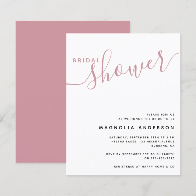 BUDGET Bridal Shower Invitation | Minimalist Pink (Front/Back)