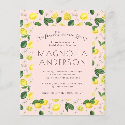 BUDGET Bridal Shower Invitation  Pink Lemon