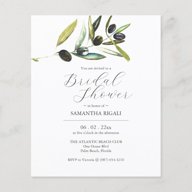 Budget Bridal Shower Invitations Watercolor Olive Flyer (Front)