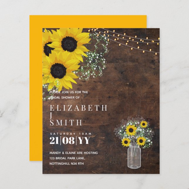 BUDGET Bridal Shower Invite Rustic Sunflowers (Front/Back)