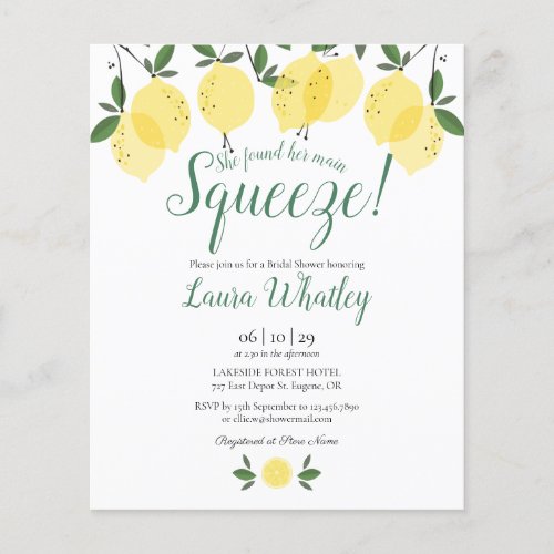 Budget Bridal Shower Main Squeeze Lemon Invitation - Featuring lemons greenery, this fun bridal shower budget invitation can be personalized with your special event information. Designed by Thisisnotme©