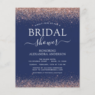 Budget Bridal Shower Navy Blue Rose Gold Glitter Flyer