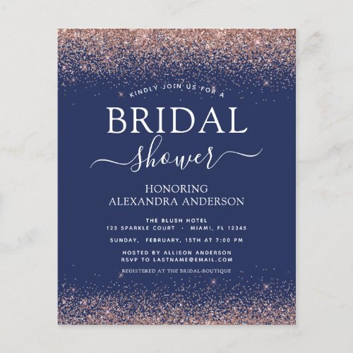 Budget Bridal Shower Navy Blue Rose Gold Glitter Flyer