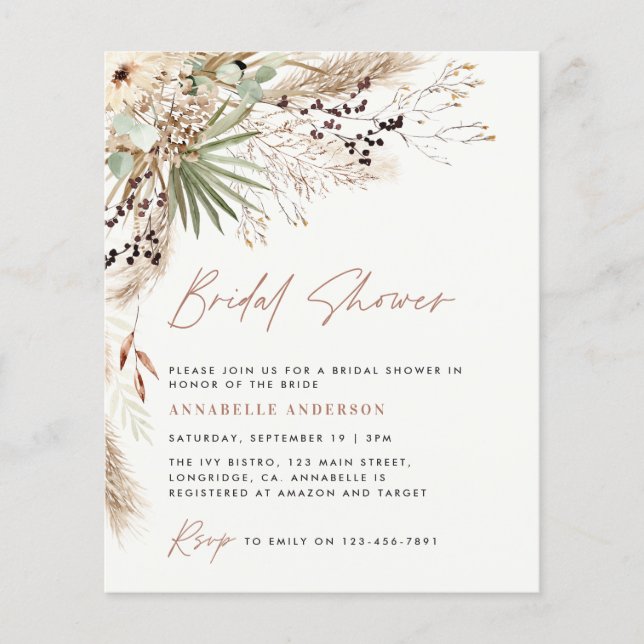 budget Bridal shower pampas grass boho invitation (Front)