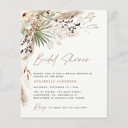 budget Bridal shower pampas grass boho invitation