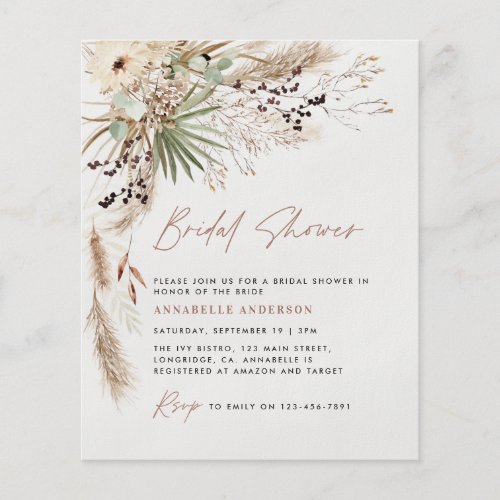 budget Bridal shower pampas grass  boho invitation Flyer