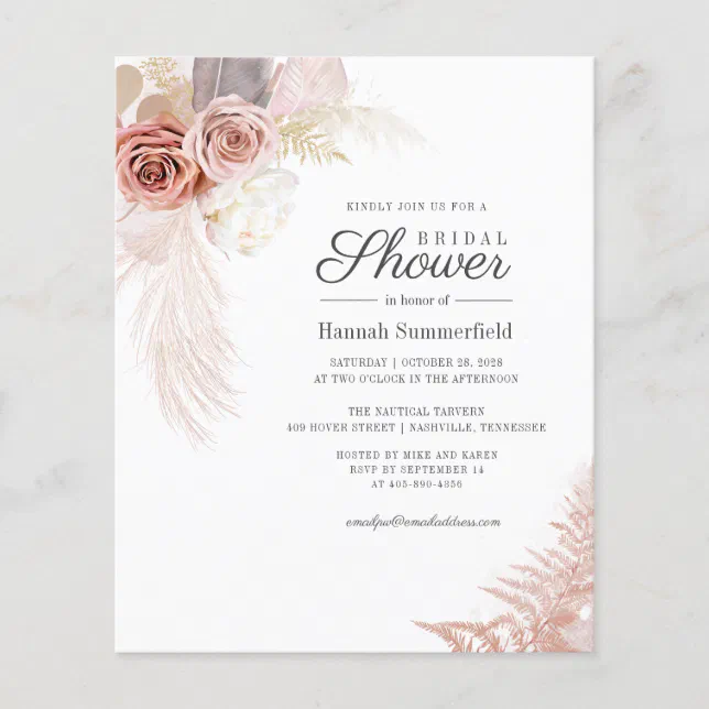 Budget Bridal Shower Pampas Grass Tan Invitation | Zazzle