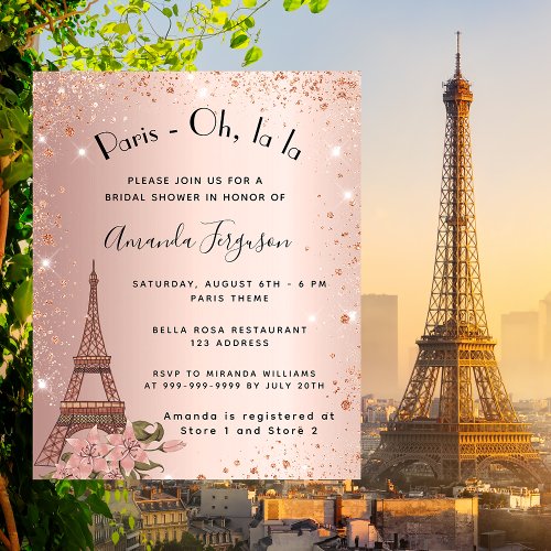Budget bridal shower Paris rose gold invitation