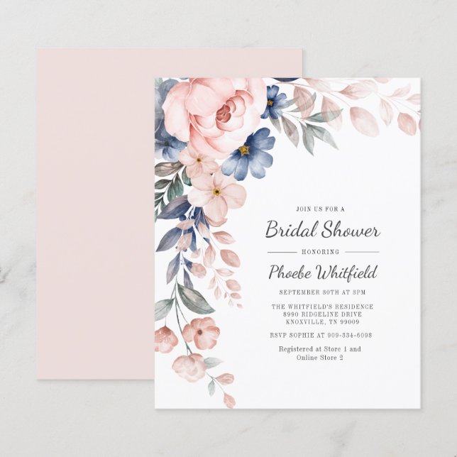 Budget Bridal Shower Pink Floral Modern Invitation (Front/Back)