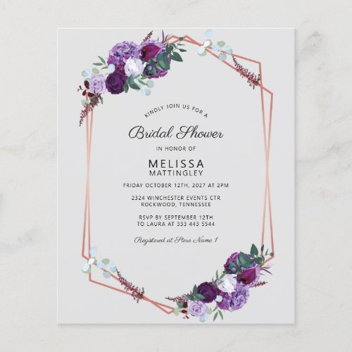 Budget Bridal Shower Purple Floral Script Modern