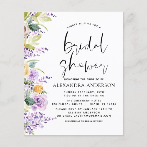 Budget Bridal Shower Purple Greenery Invitation Flyer