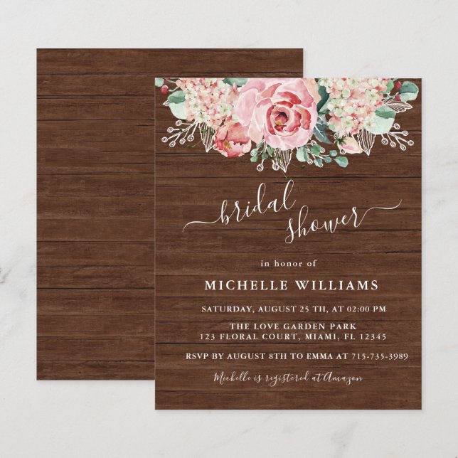 Budget Bridal Shower Rustic Wood Pink Floral (Front/Back)