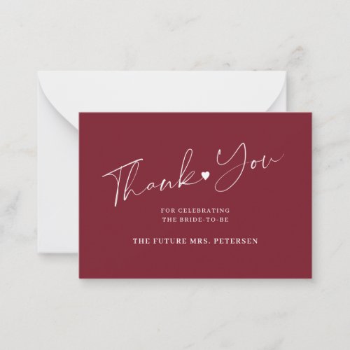 Budget bridal shower script burgundy thank you not note card