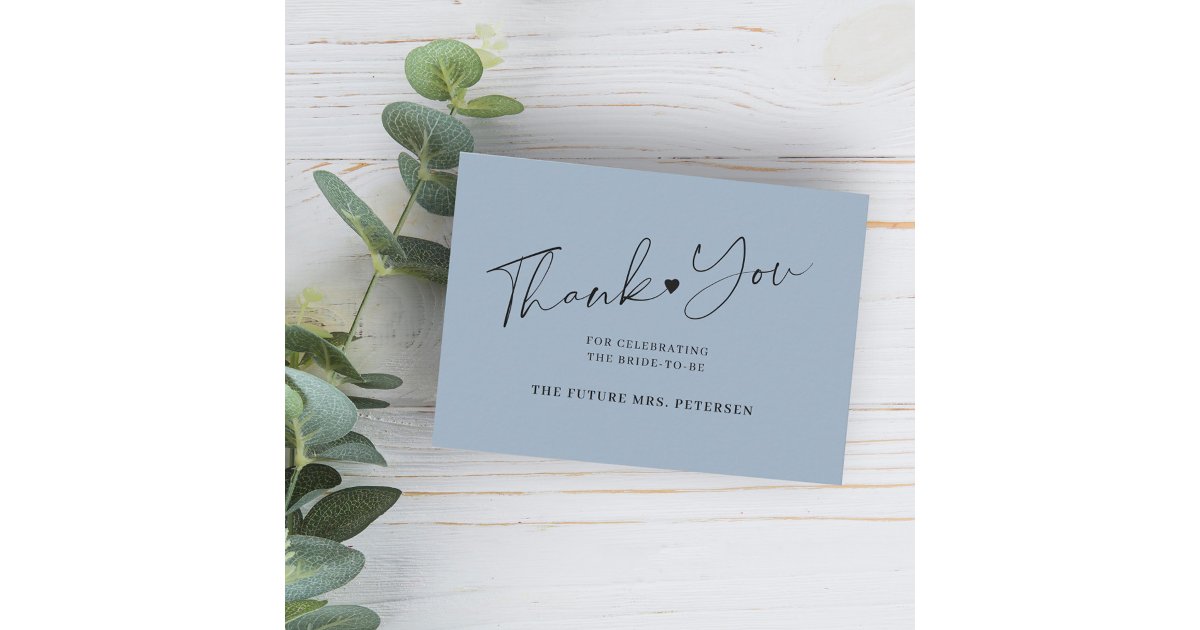 Budget bridal shower script dusty blue thank you note card | Zazzle