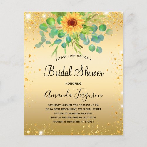 Budget bridal shower sunflower eucalyptus gold