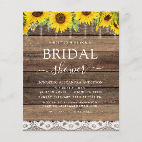 Budget Bridal Shower Sunflower Rustic Invitation Flyer