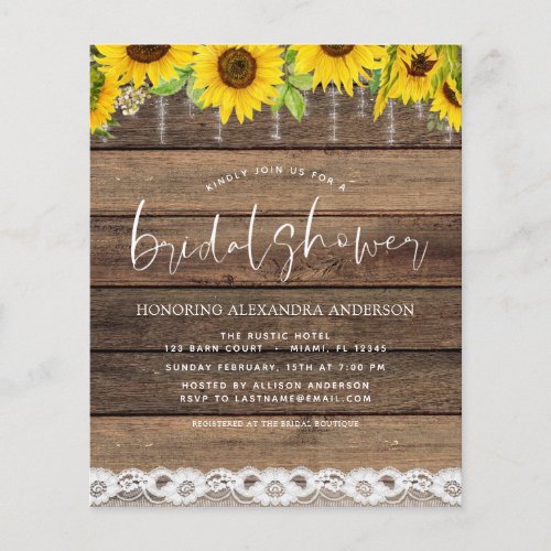 Budget Bridal Shower Sunflower Rustic Invitation Flyer