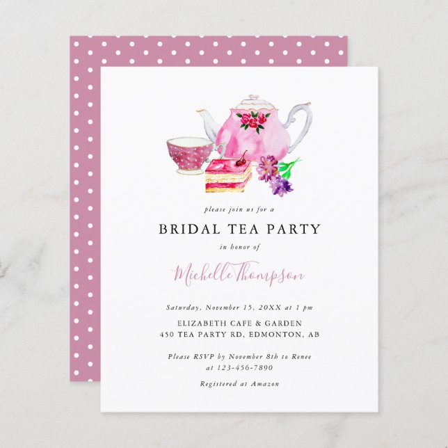 Budget Bridal Shower Tea Party Pink Teapot Script (Front/Back)