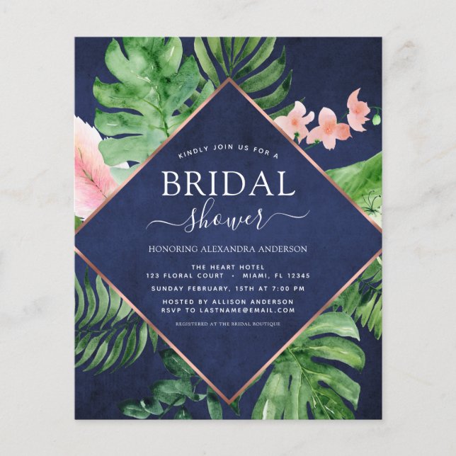 Budget Bridal Shower Tropical Palm Navy Blue Flyer (Front)