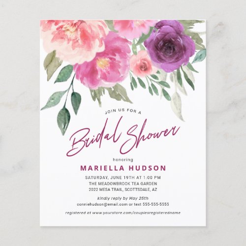 Budget Bridal Shower Watercolor Rose Peonies Flyer