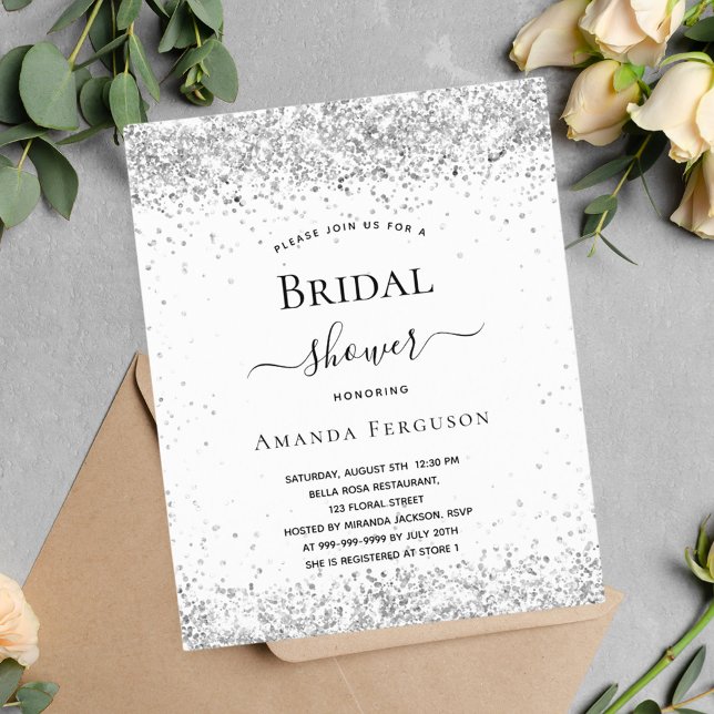 Budget bridal shower white silver invitation (Creator Uploaded)