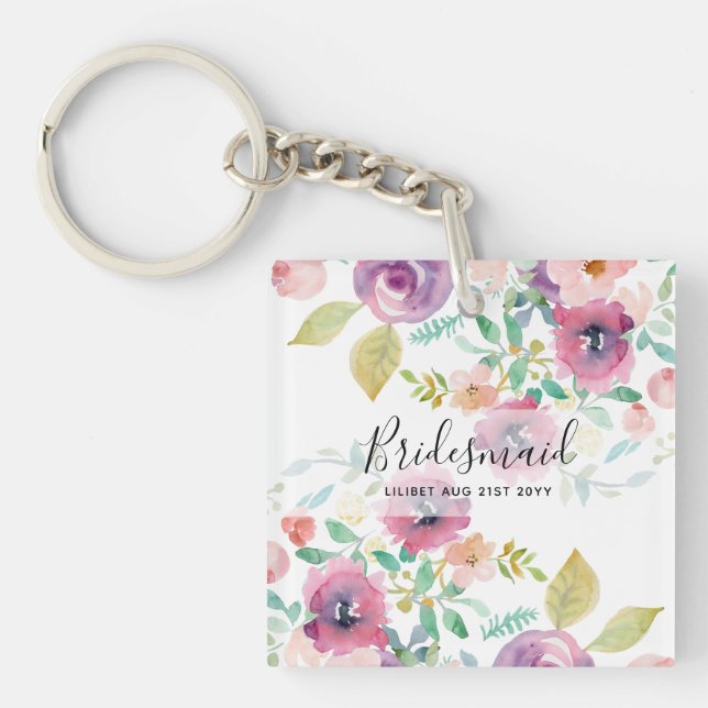 BUDGET Bridesmaid Bridal Party Gifts Pink Floral Keychain (Front)
