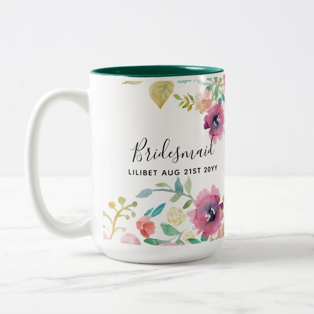 BUDGET Bridesmaid Bridal Party Gifts Pink Floral Two-Tone Coffee Mug (Left)