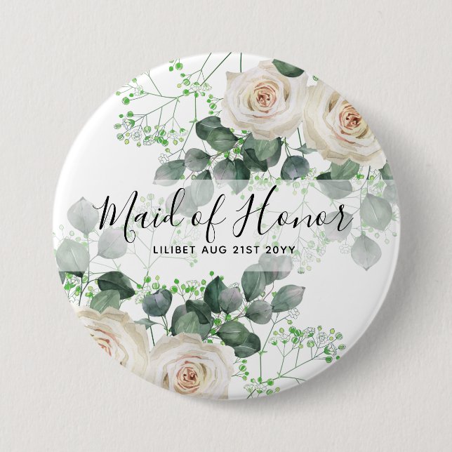 BUDGET Bridesmaid Bridal Party Gifts White ROSES Button (Front)
