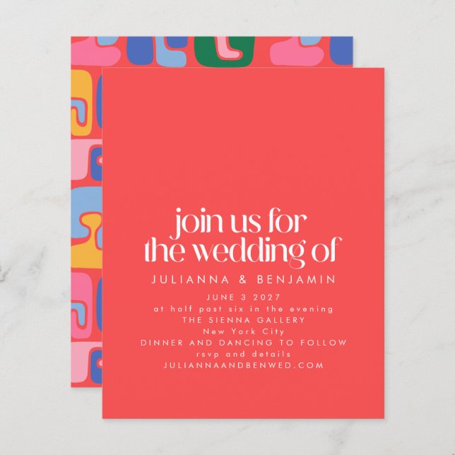Budget Bright Red Retro Abstract Wedding Invite (Front/Back)