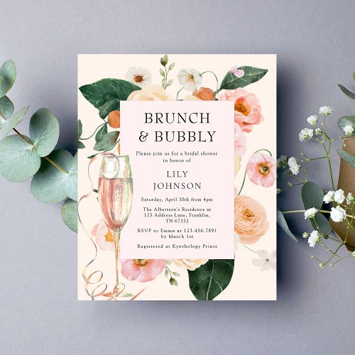 Budget Brunch  Bubbly Blush Floral Bridal Shower Flyer
