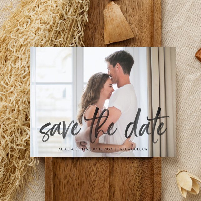 Budget Brush Script Save The Date Photo Announcement Postcard (Creator Uploaded)