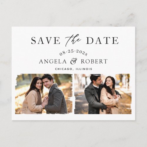 Budget Brush Stroke Frame 2 Photo Save the Date Postcard - Modern Brush Stroke Frame 2 Photo Save the Date Postcard
