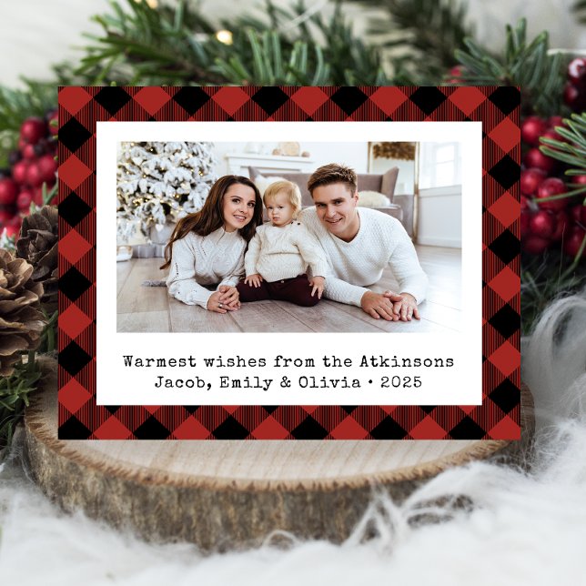 Budget Buffalo Plaid Photo Red Black Holiday Card (Creator Uploaded)