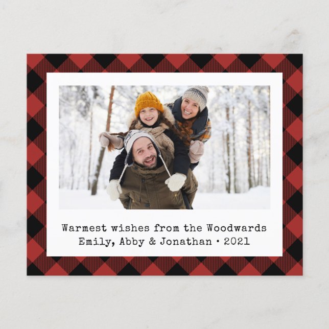 Budget Buffalo Plaid Photo Red Black Holiday Card (Front)