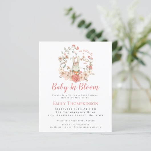 Budget Bunny Baby in Bloom Girl Baby Shower Invite (Standing Front)