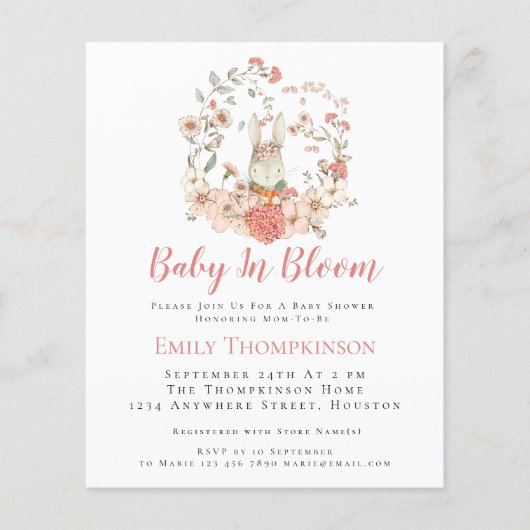 Budget Bunny Baby in Bloom Girl Baby Shower Invite (Front)