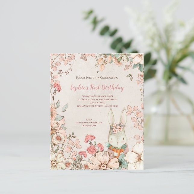 Budget Bunny Floral 1st Birthday Girl Invitation (Standing Front)