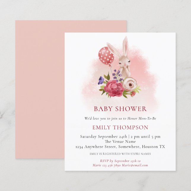 Budget Bunny Florals Pink Baby Shower Invitation (Front/Back)