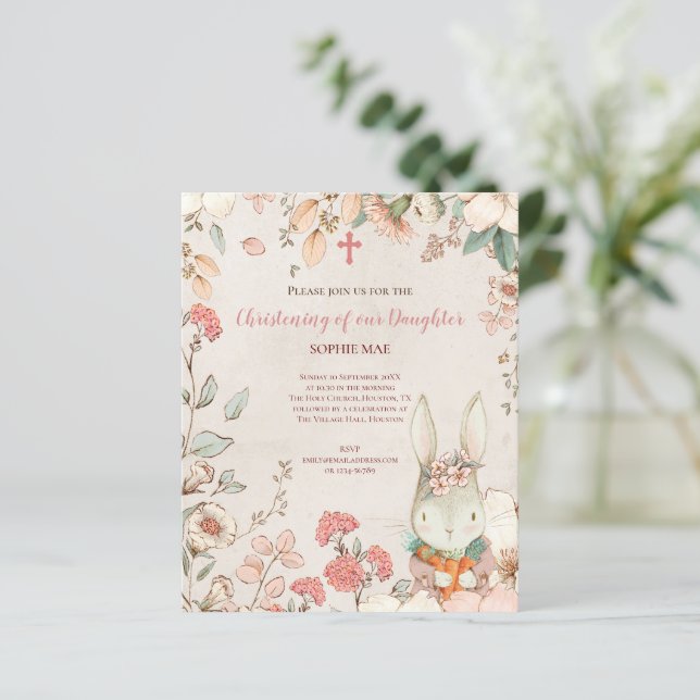 Budget Bunny Photo Girl Christening Baptism Invite (Standing Front)