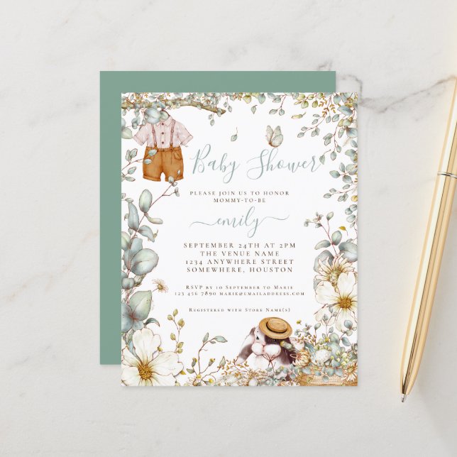 Budget Bunny Sage Boy Baby Shower Invitation (Front/Back In Situ)