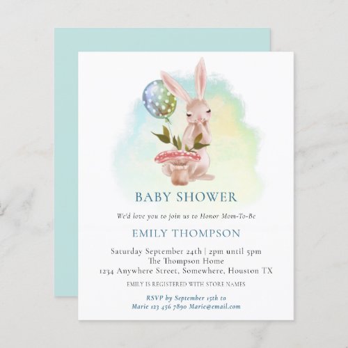 Budget Bunny Teal Baby Shower Invitation