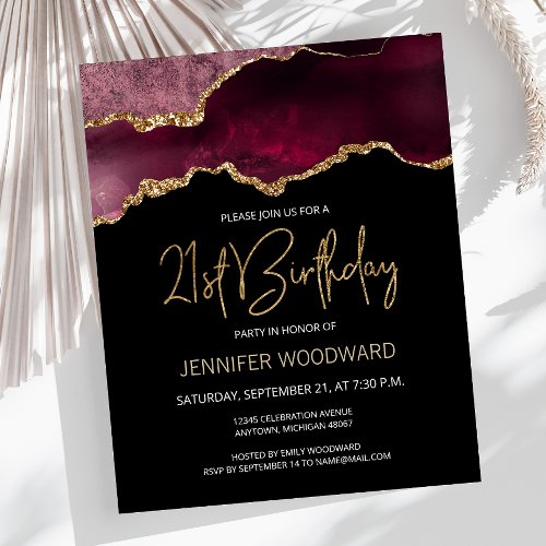 Budget Burgundy Agate 21st Birthday Invitation